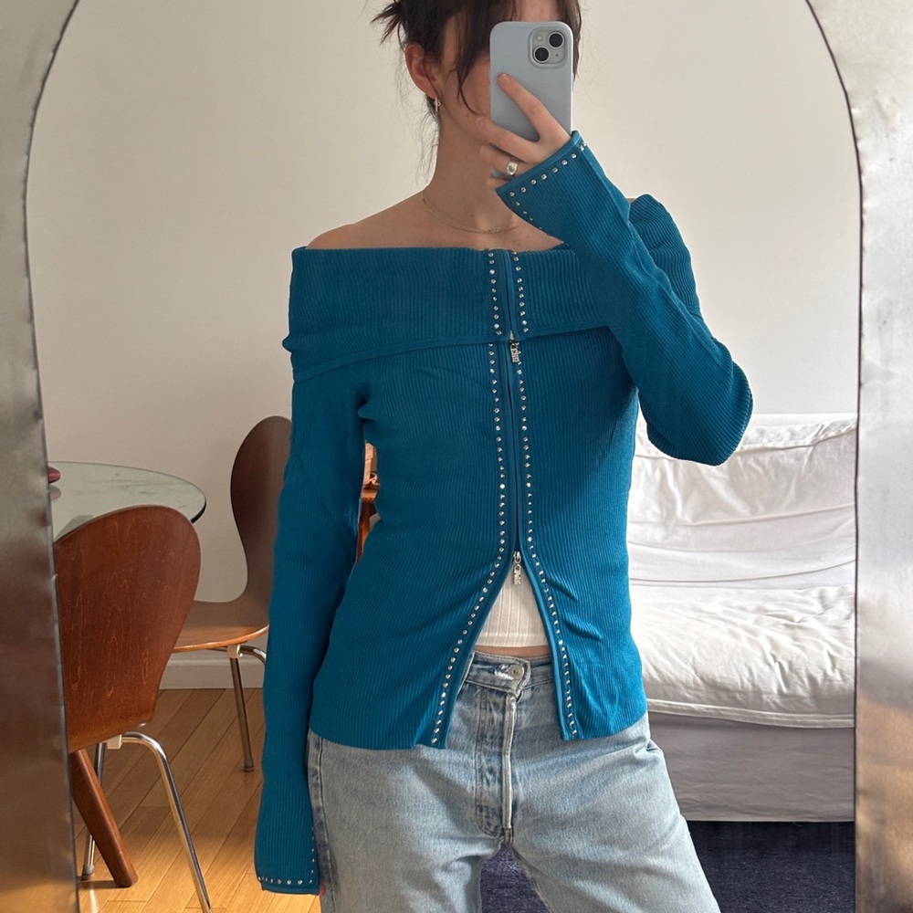 SOLD - 2000s Cache Off Shoulder Studded Zip Up
